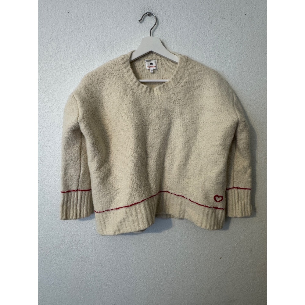 SUNDRY Women's  100%‎ Wool Italian Yarn Heart Embellished Sweater Cream